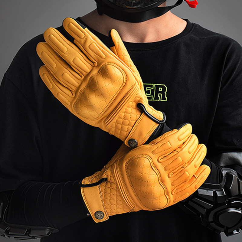 Motorcycle Gear Gloves - レトロレザーオートバイグローブフルフィンガーイエローバイクレーシンググローブタッチスクリーングアンテモト保護具