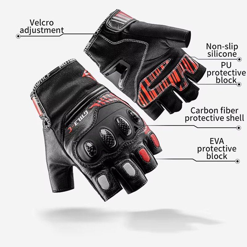 ハーフフィンガーオートバイ手袋ハードナックルレザーサイクリン - Motorcycle Gear Gloves のレビューと価格