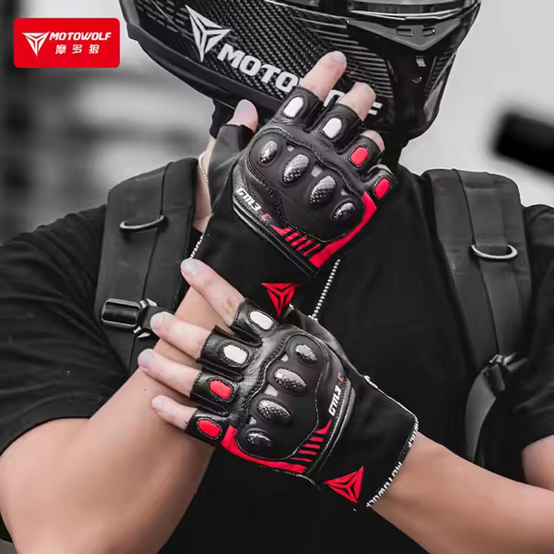 ハーフフィンガーオートバイ手袋ハードナックルレザーサイクリン - Motorcycle Gear Gloves のレビューと価格