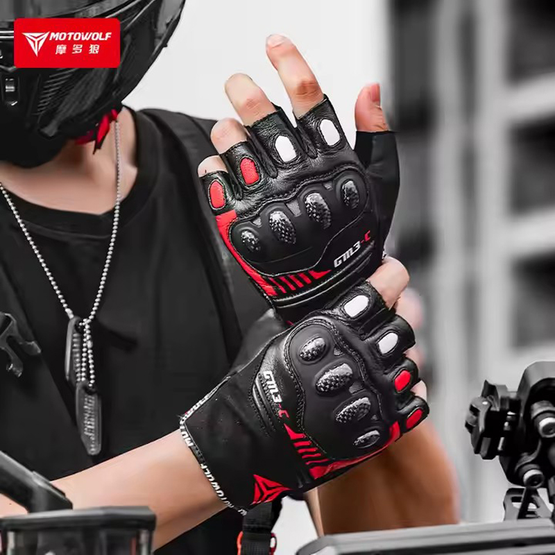 ハーフフィンガーオートバイ手袋ハードナックルレザーサイクリン - Motorcycle Gear Gloves のレビューと価格